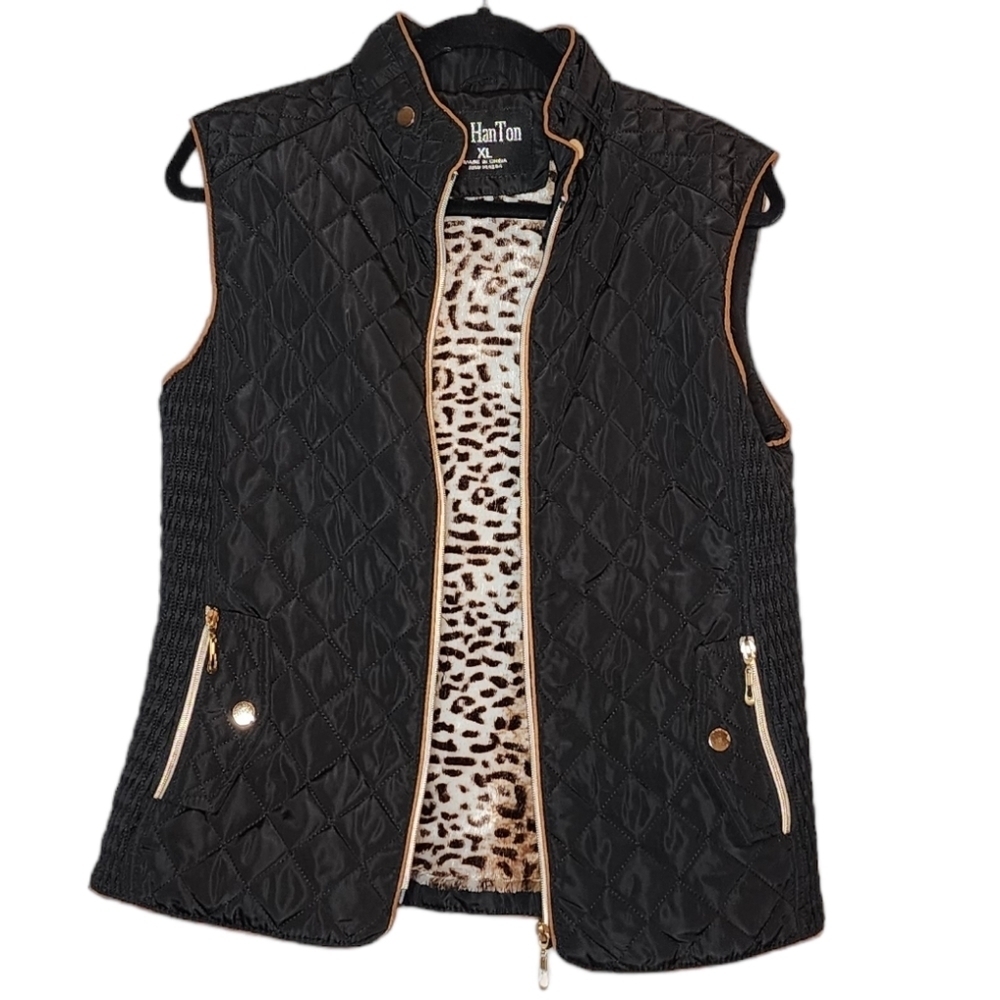 LeeHanton Black Quilted Zip Vest Leopard Faux Fur Lined Women's Size XL